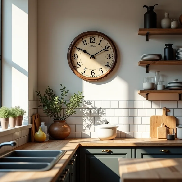 Cozinha temática rústica com relógio de parede temático
