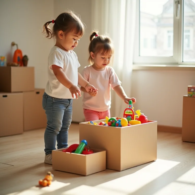 Criança guardando brinquedos após brincar