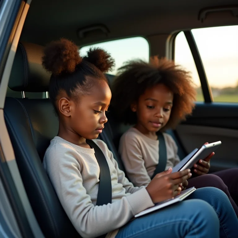 Crianças confortáveis e entretidas no banco de trás do carro