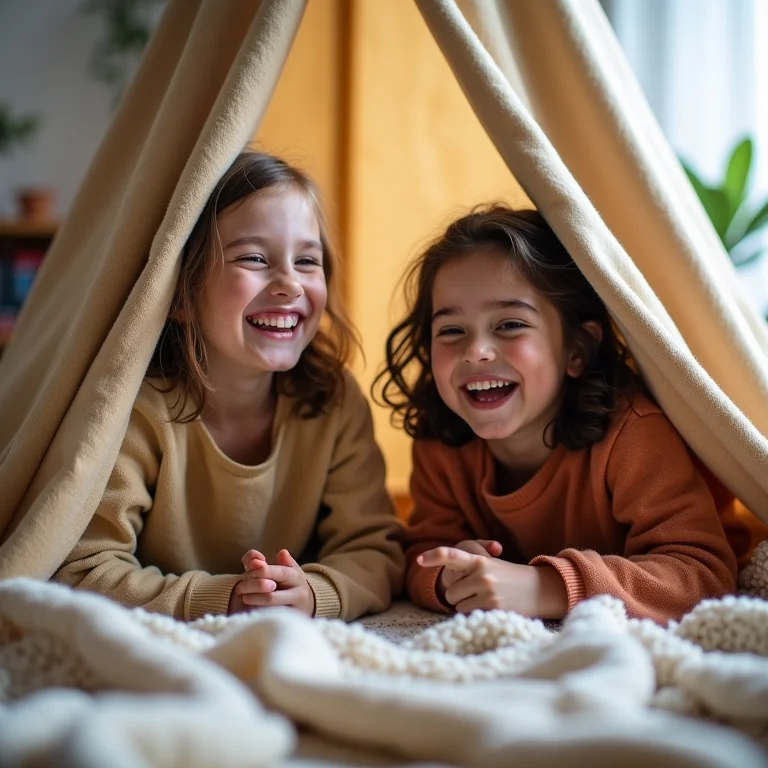 Crianças diversas construindo cabana com lençóis e cadeiras.
