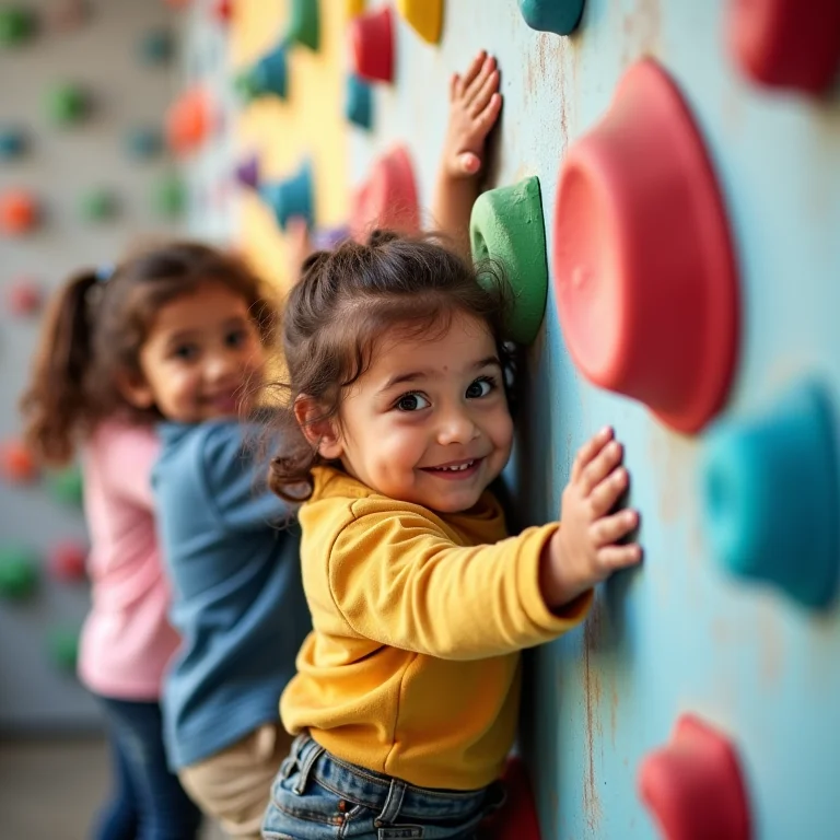 Crianças diversas escalando uma parede, desenvolvimento físico