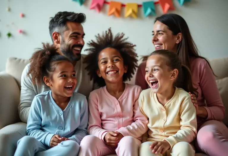 Crianças e pais se divertindo em uma festa do pijama aconchegante