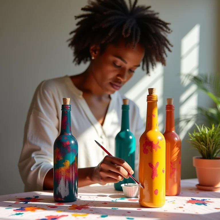 Customização de vasos de garrafas de vinho com tintas e padrões