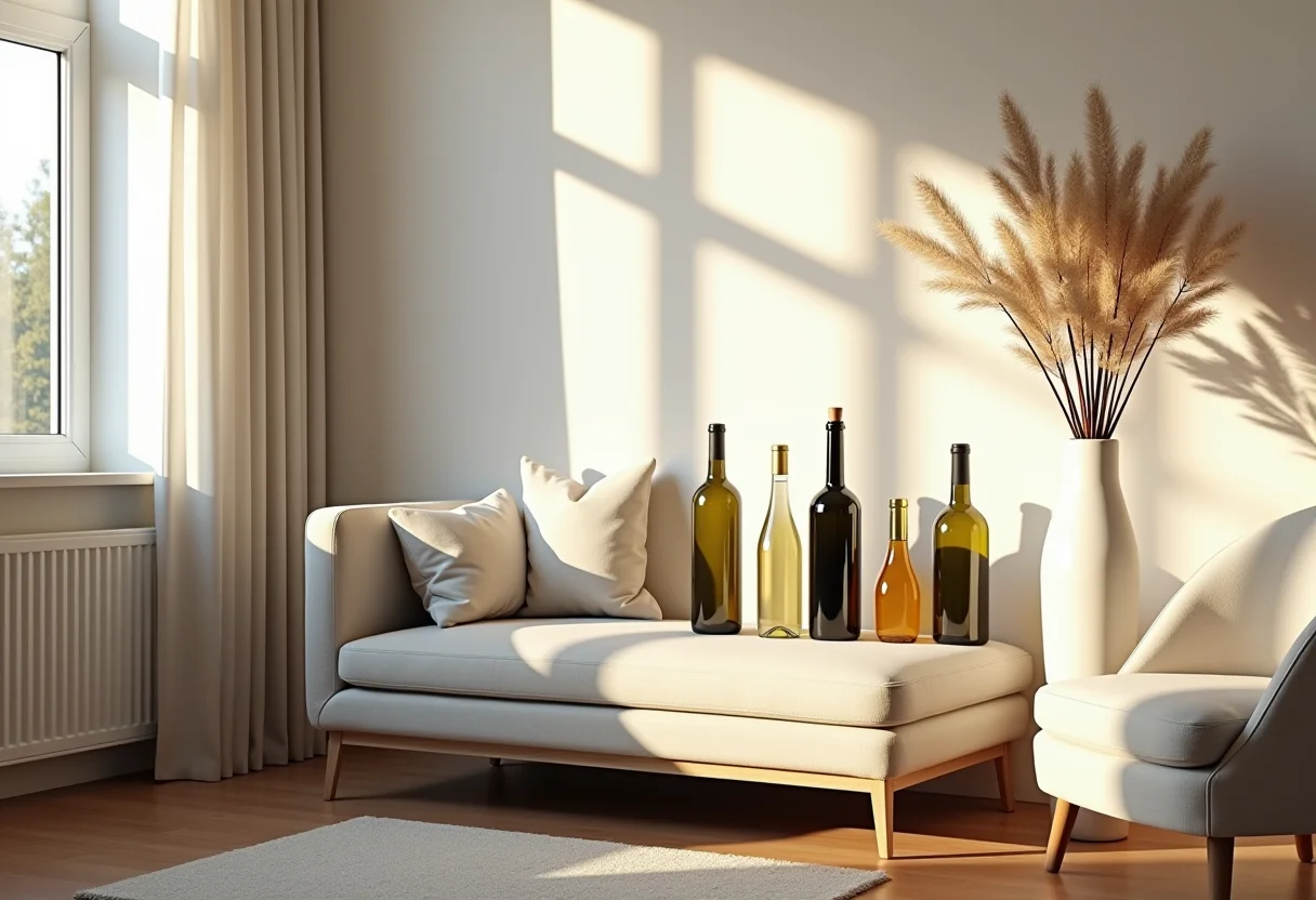Decoração criativa com garrafas de vinho em um ambiente aconchegante