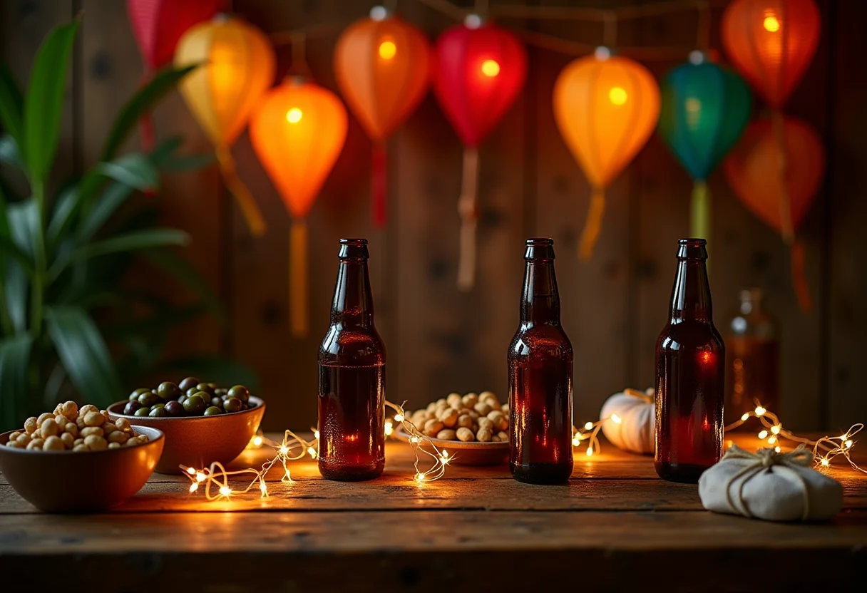 Decoração de festa de boteco com iluminação e petiscos