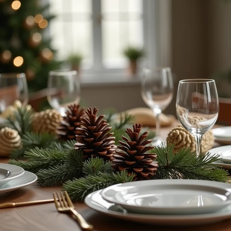 Decoração de mesa de Natal com pinhas