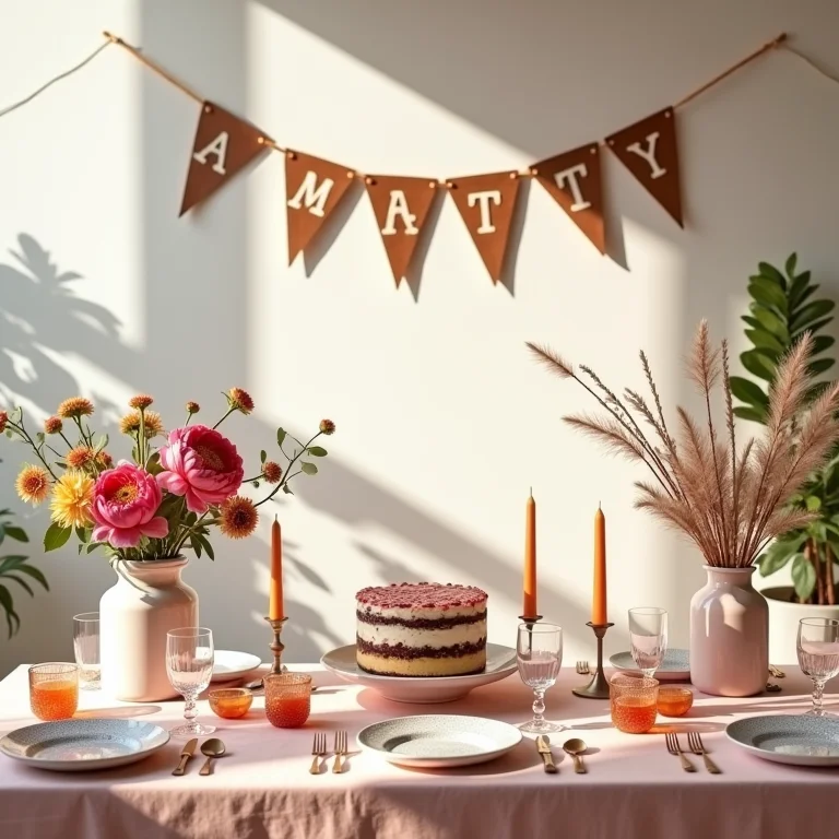 Decorações de festa personalizadas, incluindo banners feitos à mão e arranjos florais criativos.
