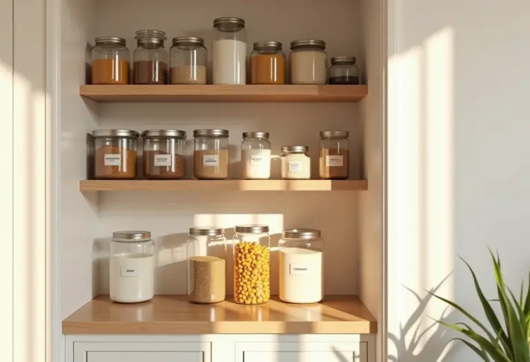 Despensa pequena organizada com potes e etiquetas