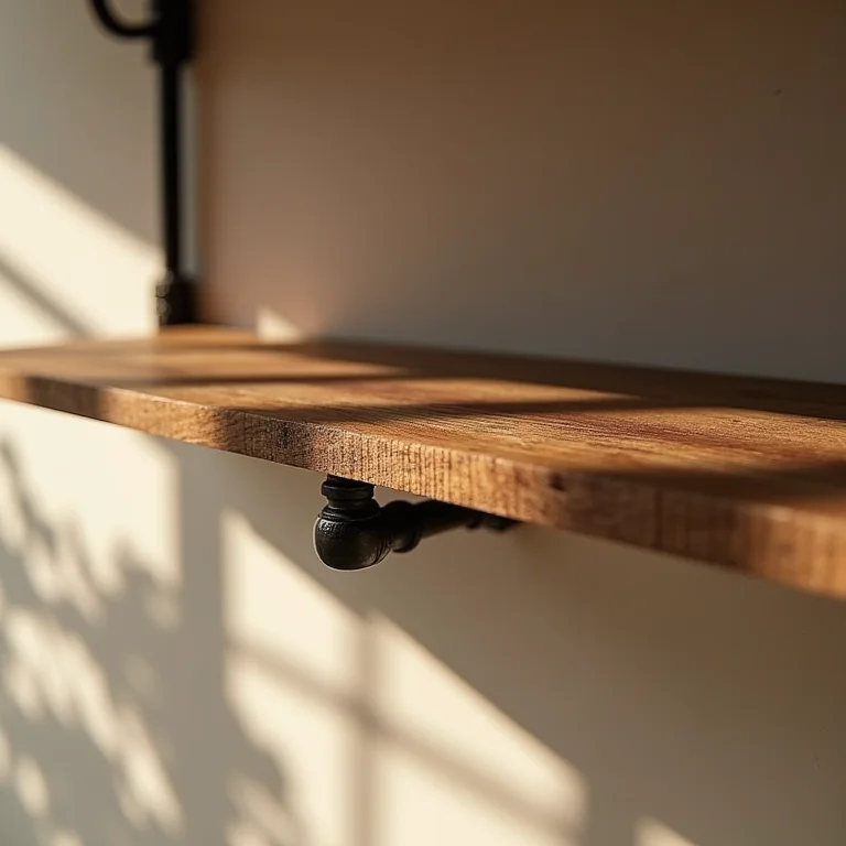 Detalhe de estante de canos DIY feita com madeira reciclada