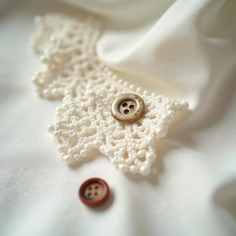 Detalhes de costura com tecido bordado, renda delicada e botões vintage.