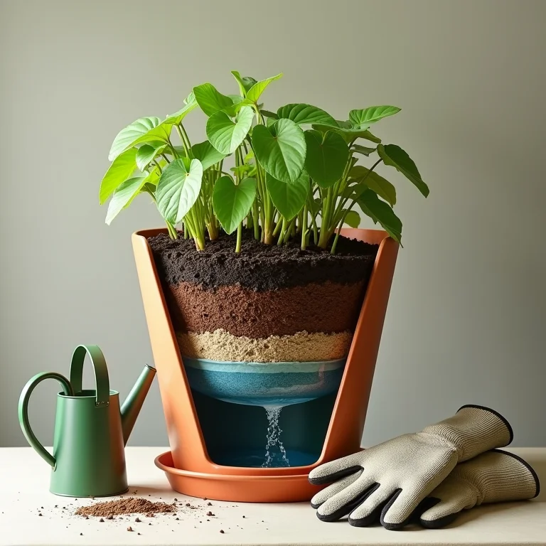 Diagrama visual de um vaso autoirrigável