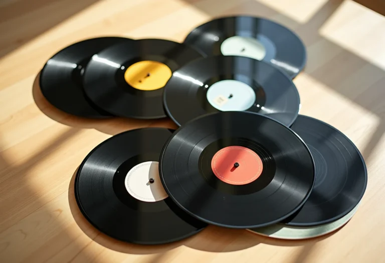 Discos de vinil decorando uma parede de forma criativa