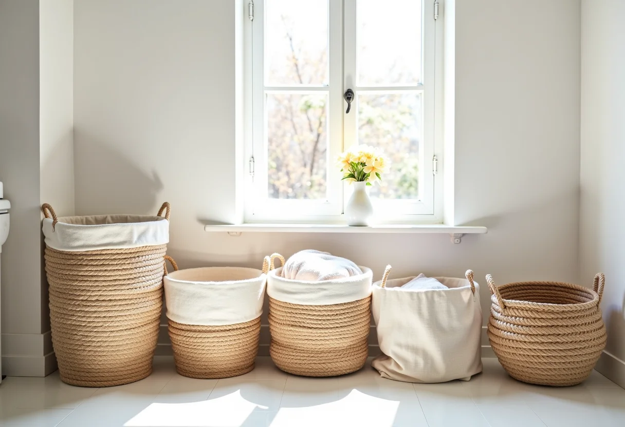 Diversos cestos de roupa estilosos em lavanderia clean e moderna