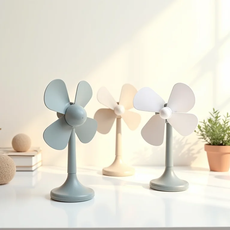 Diversos modelos de ventiladores de mesa em uma mesa branca.