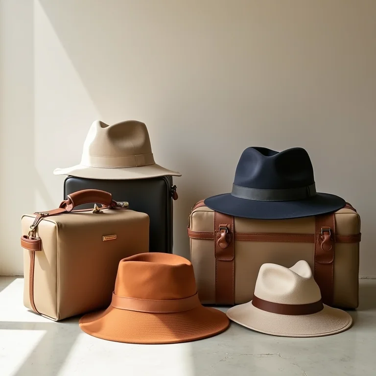 Diversos porta bonés organizados, ideais para viagens.