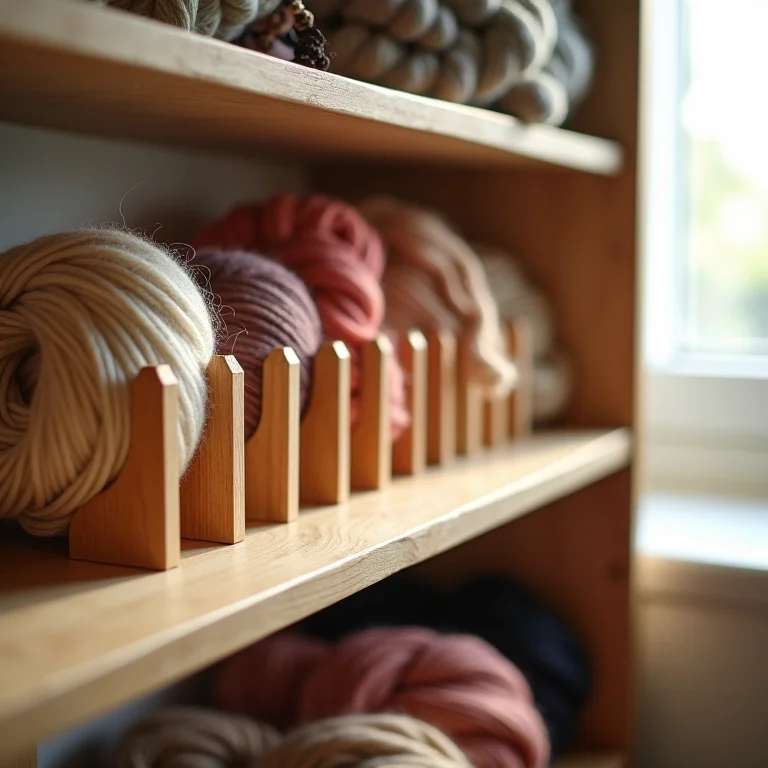 Divisórias de madeira organizando lãs em prateleiras