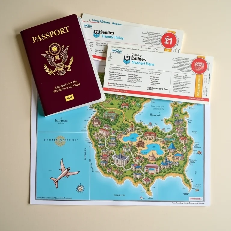 Documentos de viagem e mapa da Disney organizados