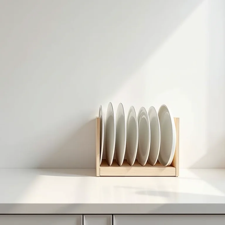 Economia de espaço com organizador de pratos vertical.