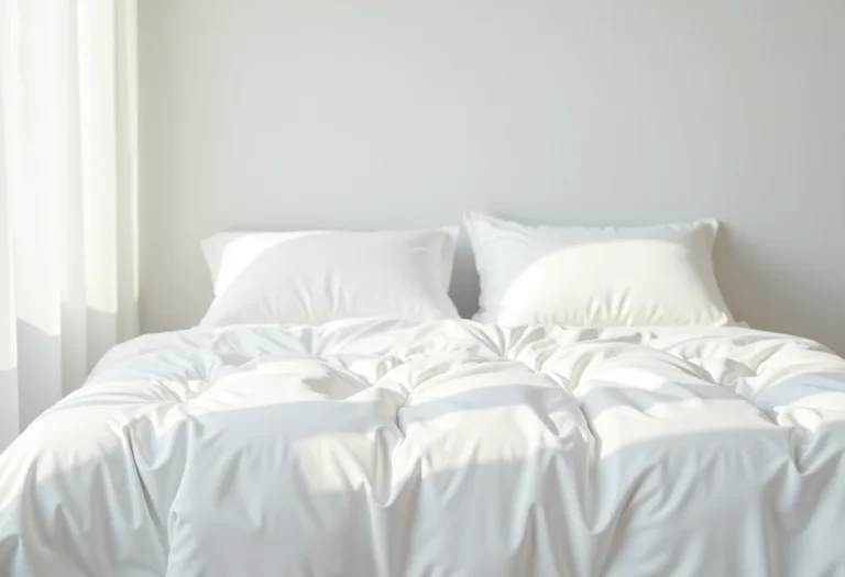 Edredom branco cuidadosamente dobrado sobre uma cama minimalista cinza, luz natural suave