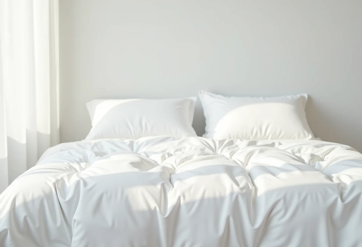 Edredom branco cuidadosamente dobrado sobre uma cama minimalista cinza, luz natural suave