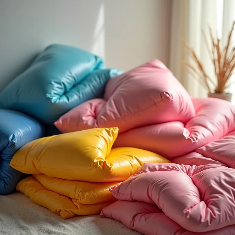 Edredons coloridos em sacos a vácuo sendo compactados.