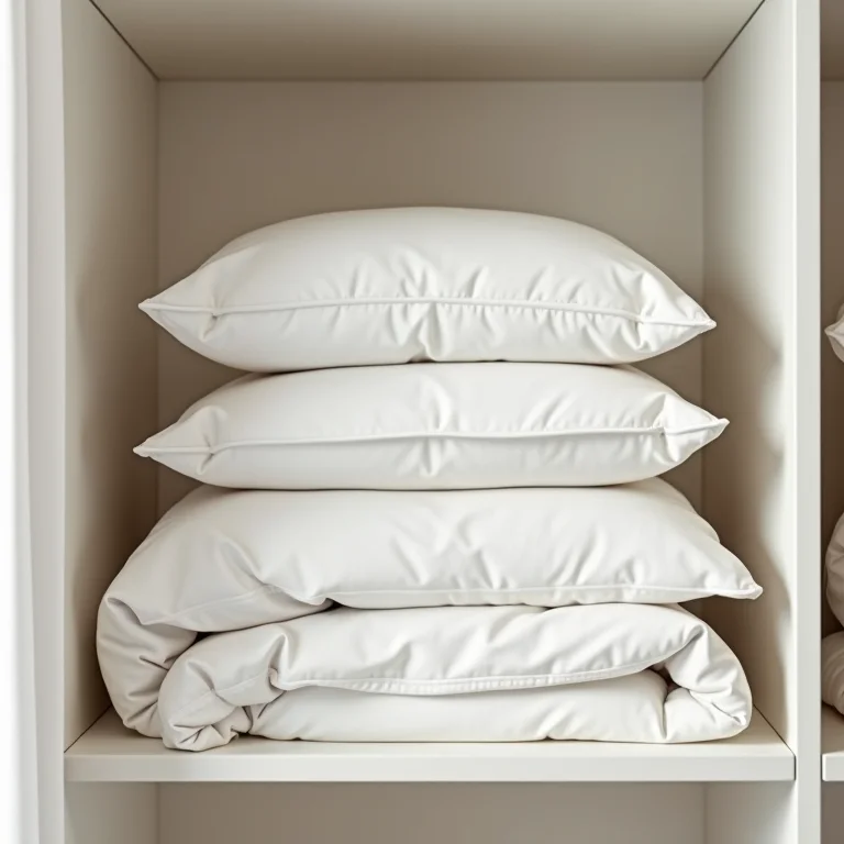 Edredons dobrados organizadamente em prateleiras superiores de um armário.