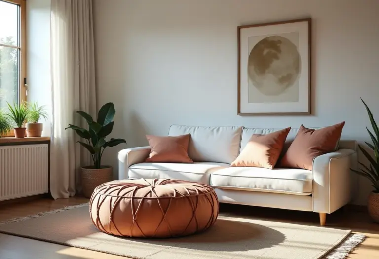 Elegante pufe DIY feito com pneu reutilizado em sala de estar moderna.