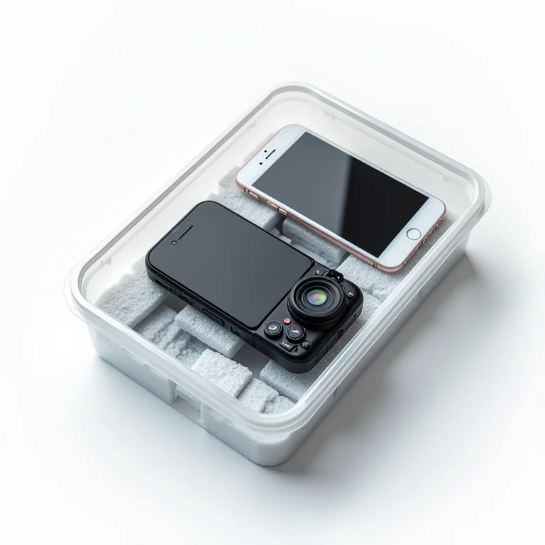 Eletrônicos armazenados com sílica gel em recipientes herméticos.