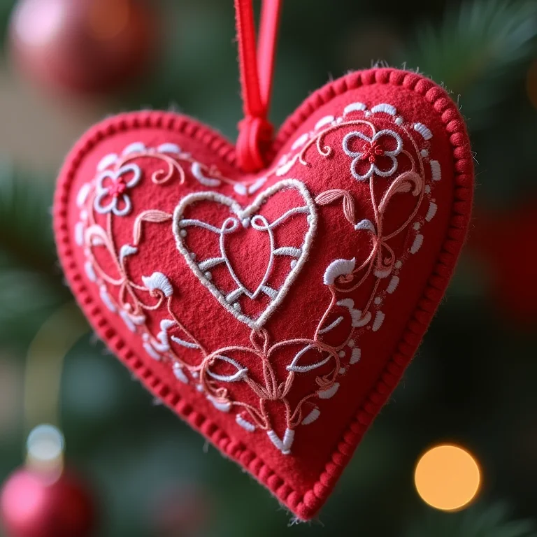 Enfeite de coração de feltro bordado com detalhes delicados.