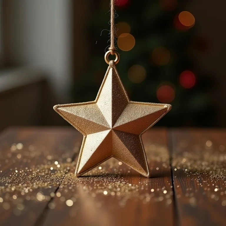 Enfeite de estrela de feltro com glitter, feito à mão.