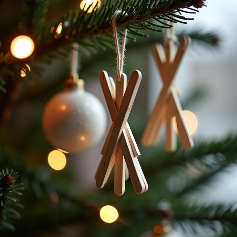 Enfeites de Natal feitos com palitos de picolé pendurados em árvore minimalista.