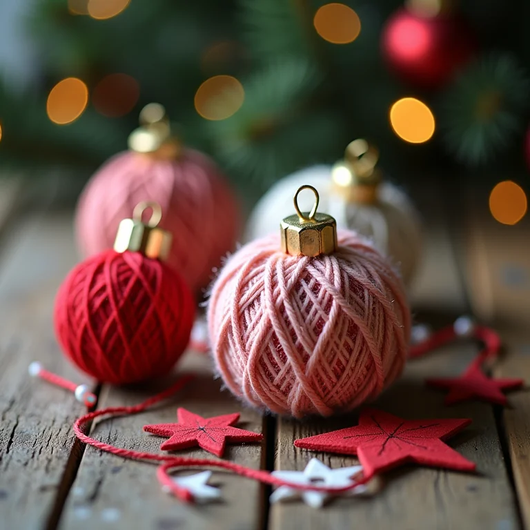 Enfeites de Natal feitos de barbante, origami e retalhos de tecido.