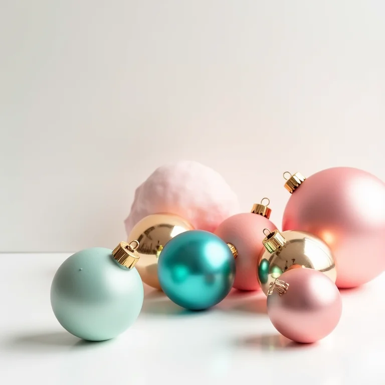 Enfeites de Natal vibrantes em tons de rosa, turquesa e dourado.