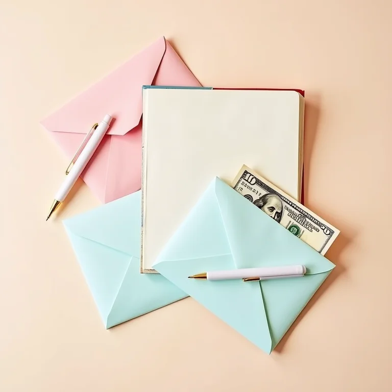 Envelope pastel com dinheiro, caneta e notebook para planejamento financeiro do chá de panela