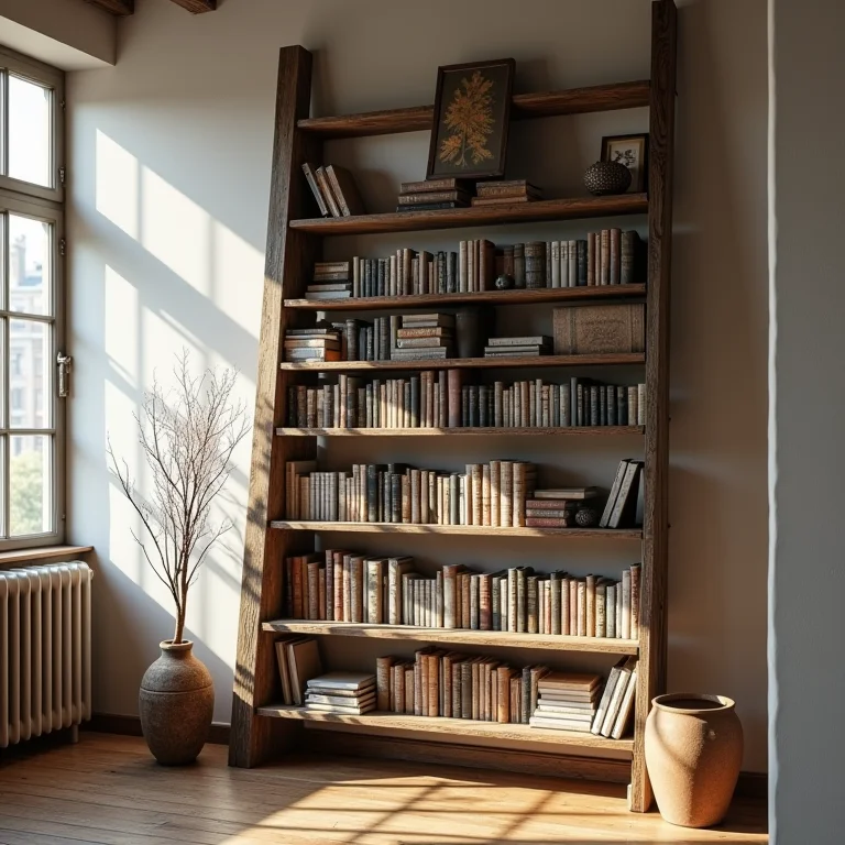 Escada de madeira antiga transformada em estante
