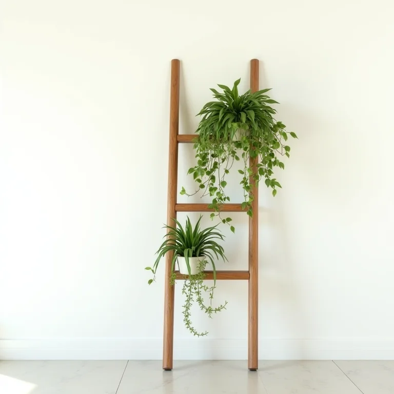 Escada decorativa usada como prateleira para plantas.