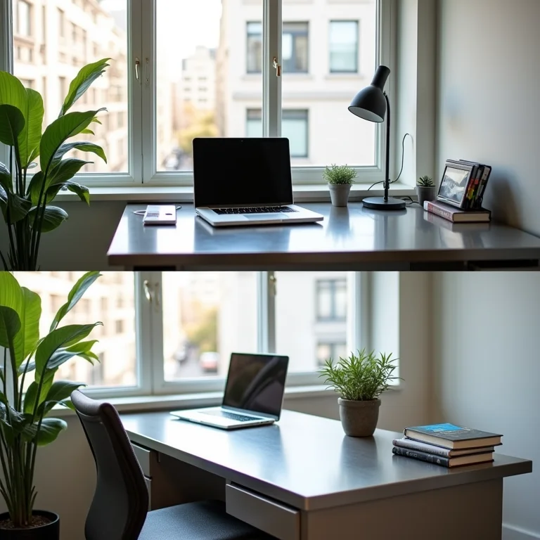 Escrivaninha de aço antes e depois da limpeza.