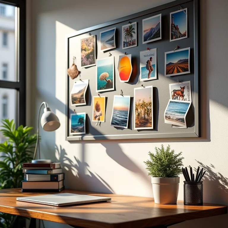 Escrivaninha de aço customizada com imãs e fotos.