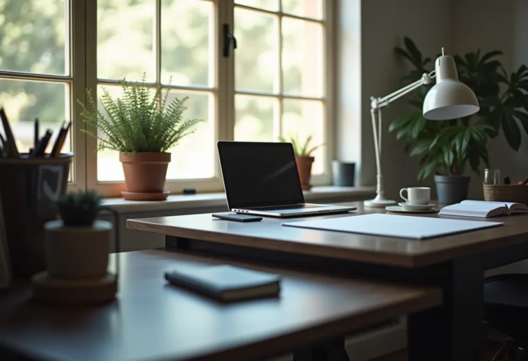 Escrivaninha de aço minimalista com acessórios organizadores.