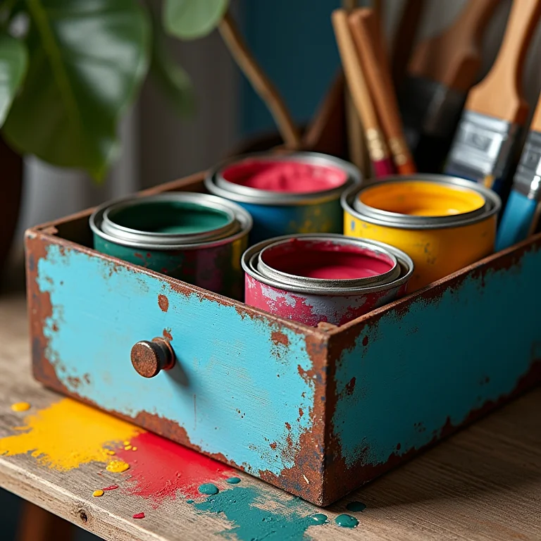 Escrivaninha de aço pintada com tintas recicladas.