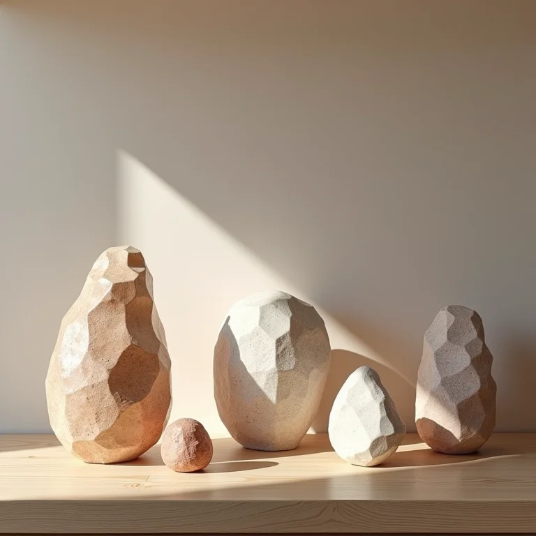 Esculturas e objetos decorativos em pedra bruta sobre prateleira de madeira