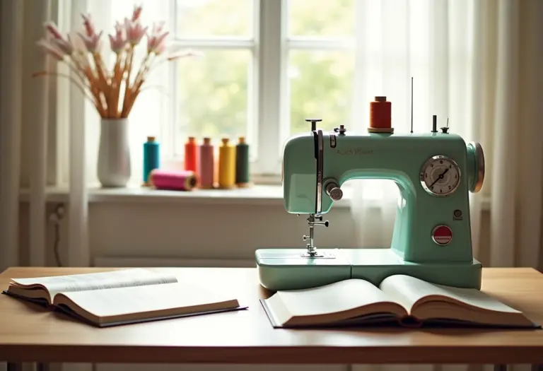 Espaço de costura iluminado com máquina vintage e linhas coloridas.