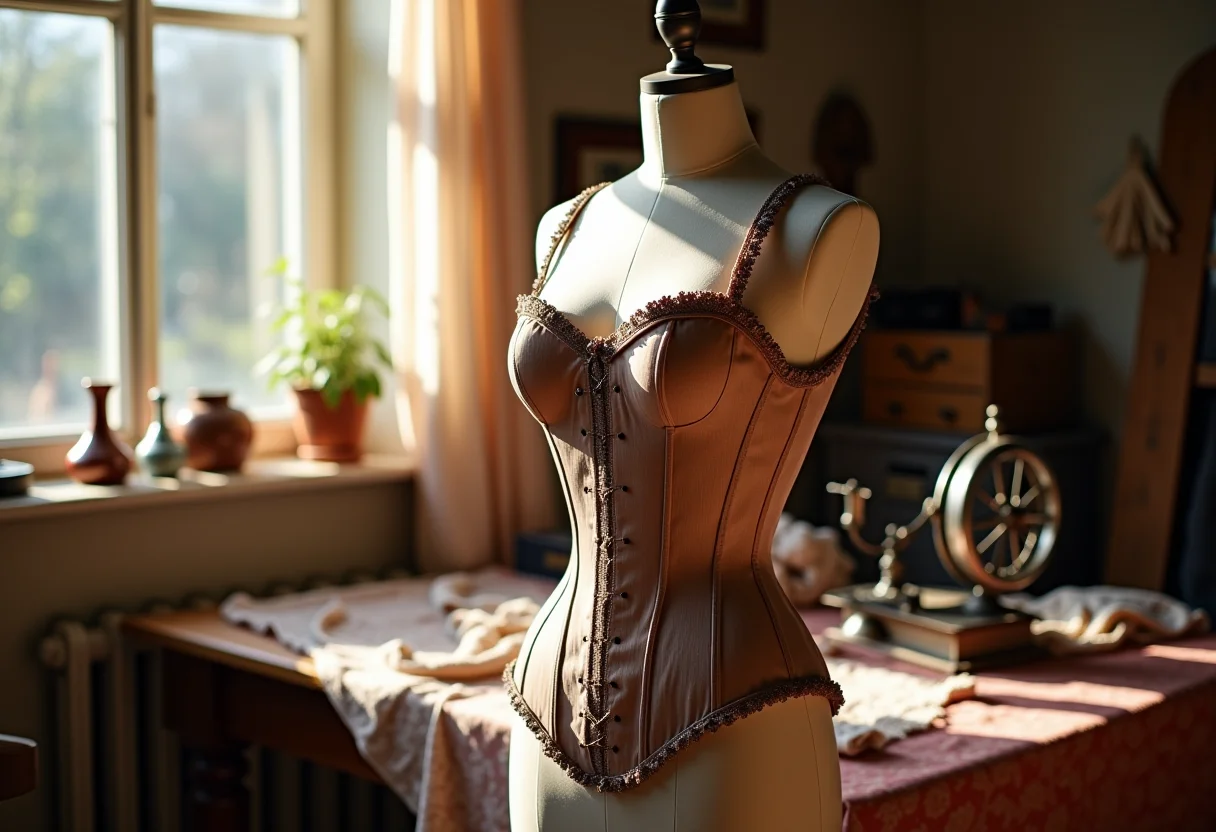 Espartilho vintage em atelier iluminado