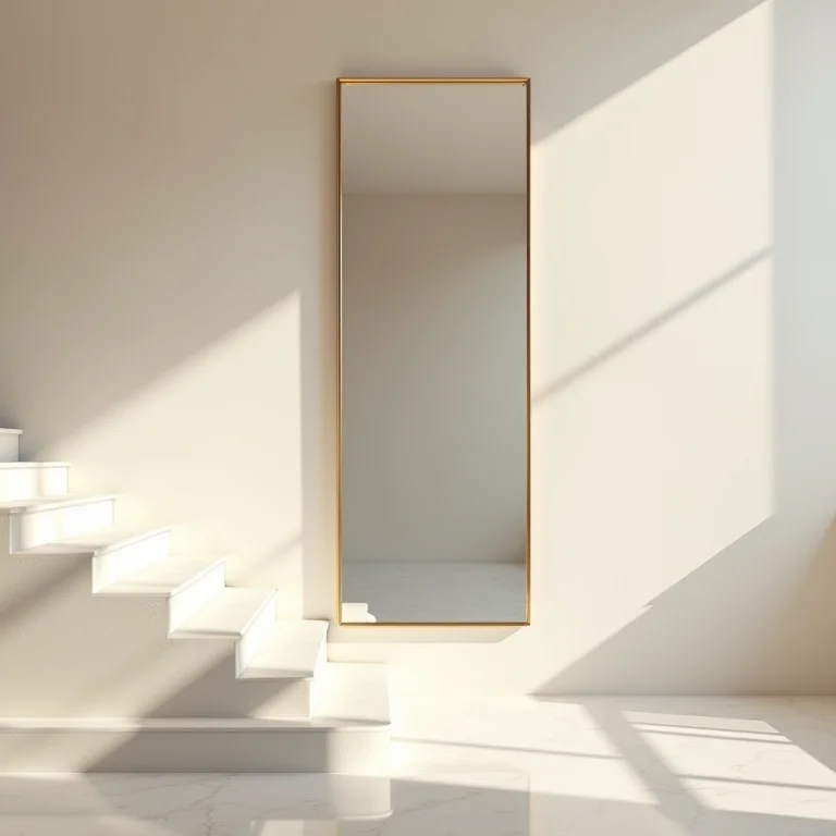 Espelho grande na parede da escada ampliando o espaço