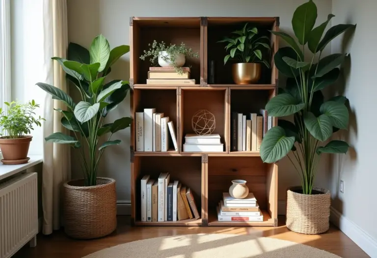 Estante de caixote de madeira com decoração minimalista