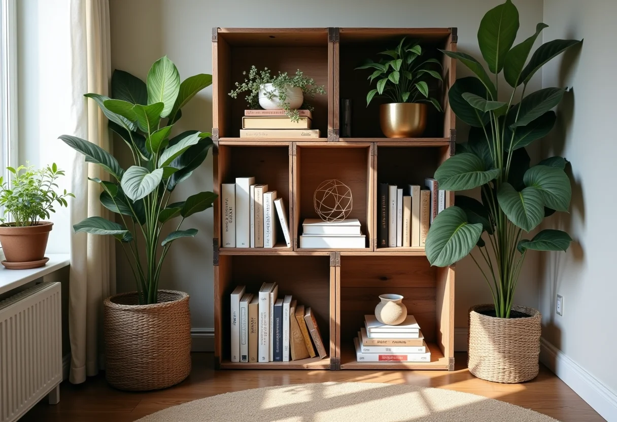 Estante de caixote de madeira com decoração minimalista