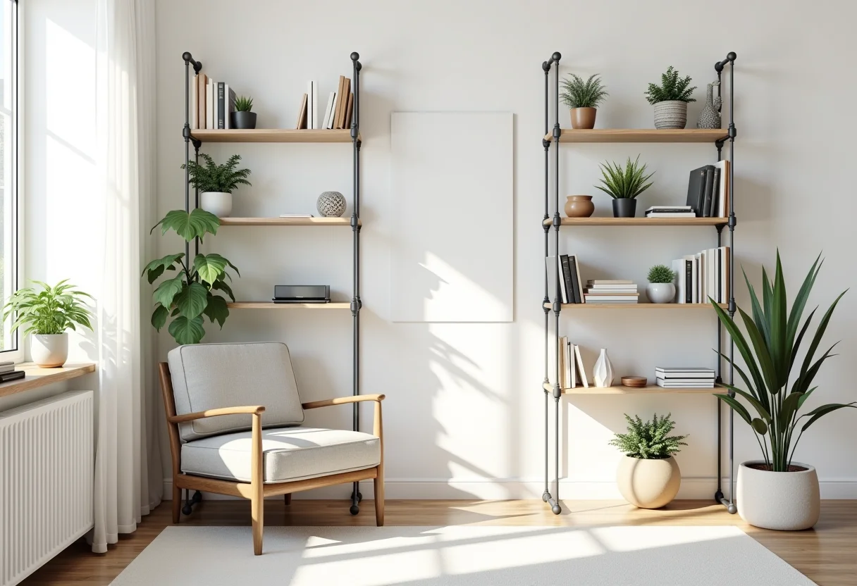 Estante de canos DIY em sala de estar moderna