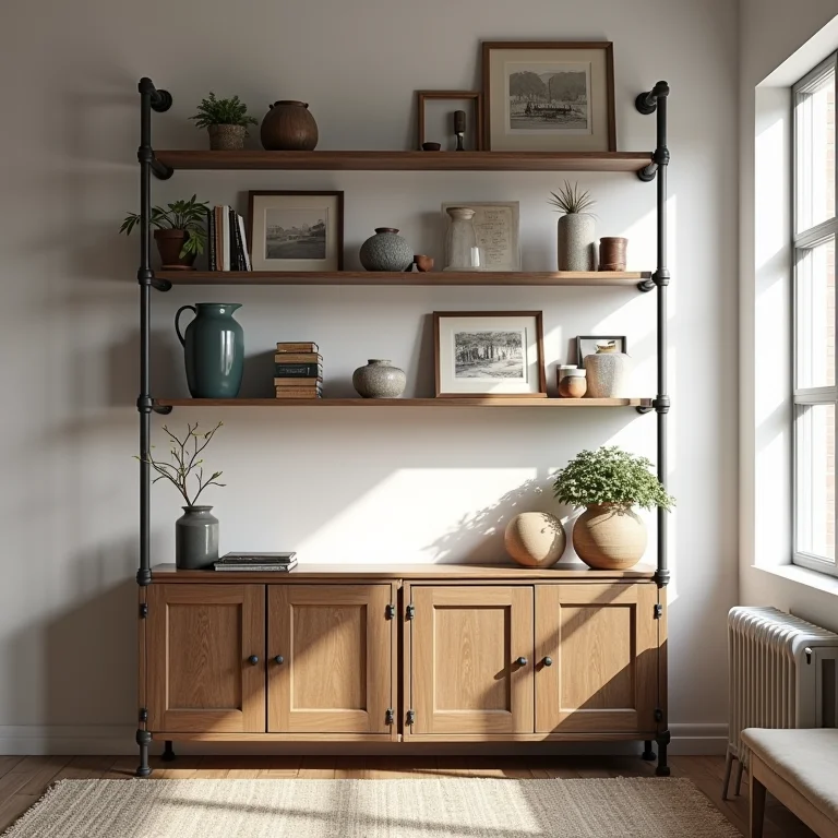 Estante de canos DIY em um apartamento com estilo industrial