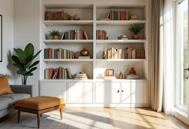 Estante de livros bem decorada em sala de estar iluminada