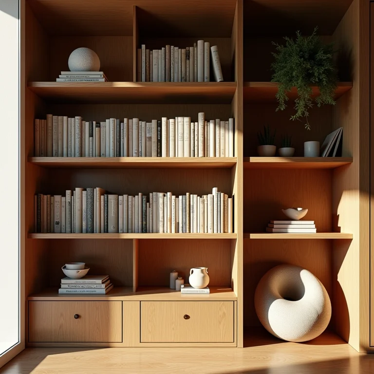 Estante de madeira com livros e objetos decorativos